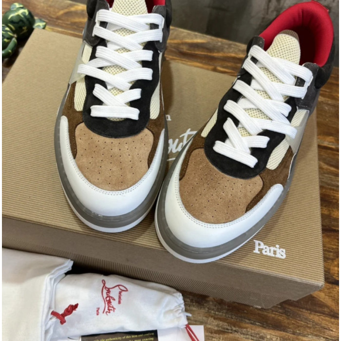 Christian Louboutin Earth‑Tone Suede Mesh Spiked Platform Low‑Top Sneakers