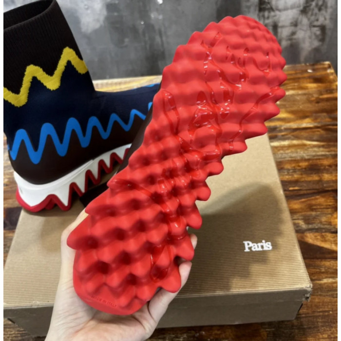 Christian Louboutin Colorful Zig‑Zag Knit Sock Ankle Boots Serrated Sole