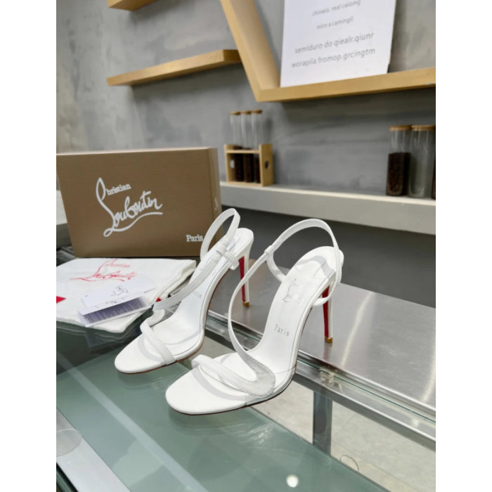 Christian Louboutin White Nappa Asymmetric Curved Strap Slingback Sandal 100mm heel