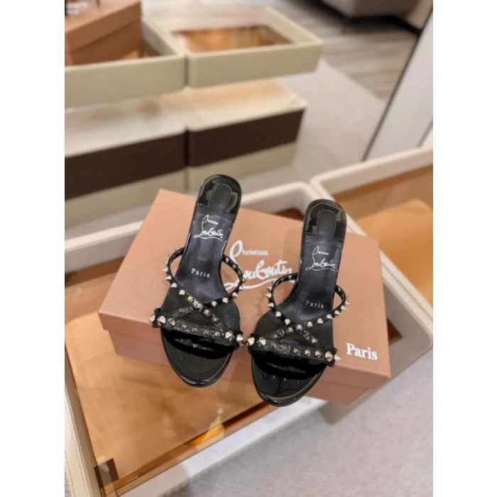 Christian Louboutin Black Patent Studded Crisscross Mule High Heel Sandals 100mm heel