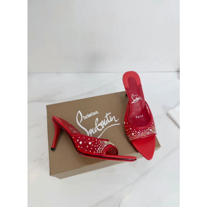 Christian Louboutin Red Mesh Crystal 70mm Pointed‑Toe Mule Heels