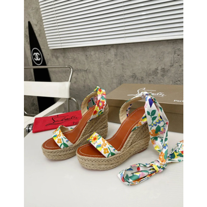 Christian Louboutin Floral Print Fabric 120mm heel Wedge Ankle‑Wrap Espadrille Sandal