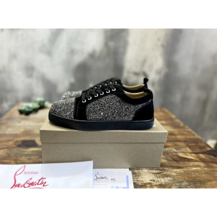 Christian Louboutin Black Suede Gunmetal Crystal‑Covered Low‑Top Men’s Sneakers