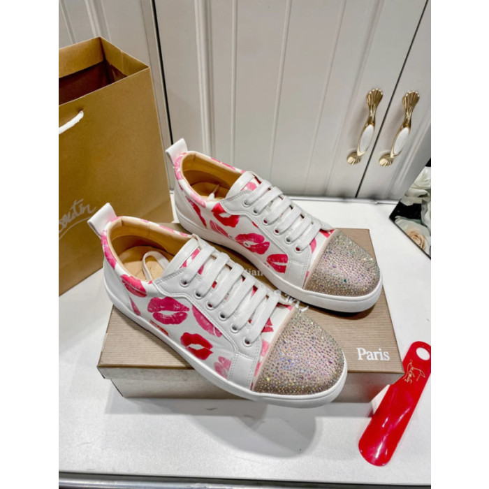 Christian Louboutin Lips‑Print Crystal‑Toe Low‑Top Lace‑Up Sneakers