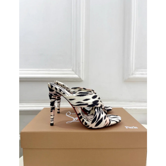 Christian Louboutin Zebra Print Satin 100mm Spiral Heel Mule Sandals