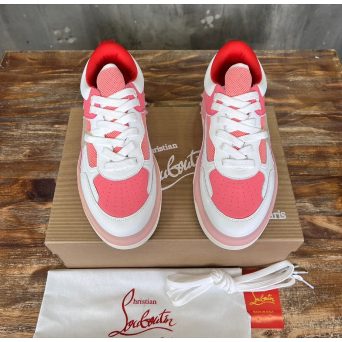 Christian Louboutin Pink White Mixed‑Media Spiked Low‑Top Sneakers