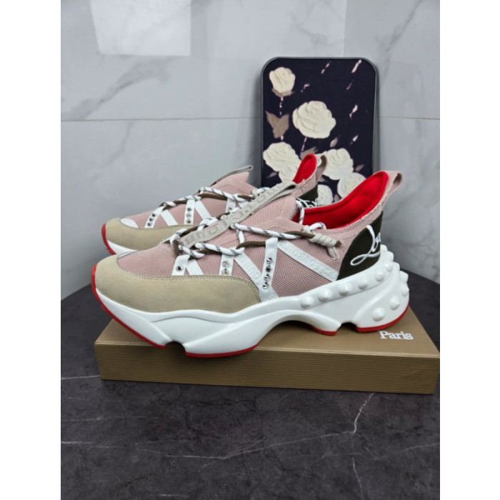 Christian Louboutin Pink‑Beige Spiked‑Sole Lace‑Up Chunky Sneakers Red Lining