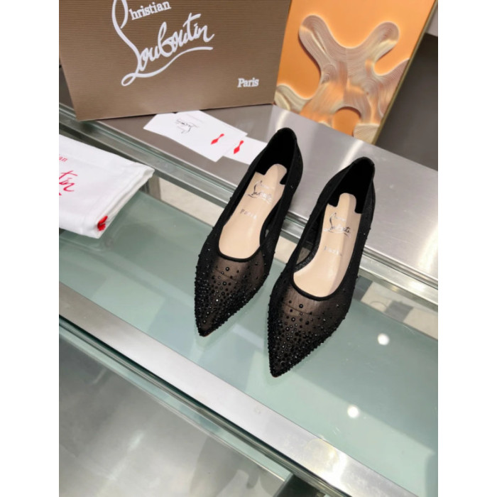 Christian Louboutin Black Mesh Crystal‑Dot Flat Pointed Pump