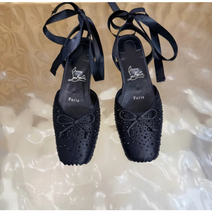 Christian Louboutin Black Satin Crystal‑Embellished Ankle‑Tie Slingback Ballet Flats