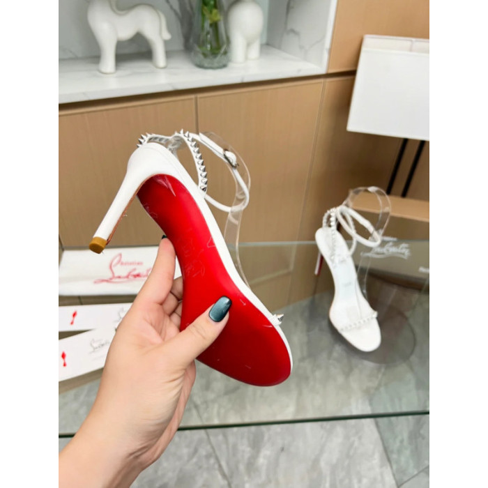 Christian Louboutin White Leather Spiked Ankle‑Strap Sandal 100mm heel