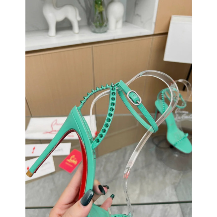 Christian Louboutin Green Patent Spiked Ankle‑Strap Sandal 100mm heel