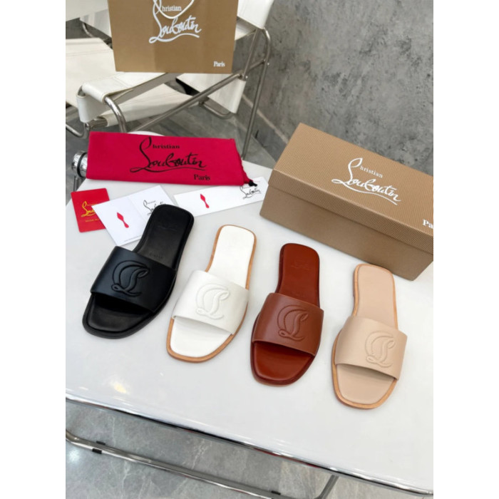 Christian Louboutin Signature Stitched Logo Black Leather Flat Slip‑on Sandal