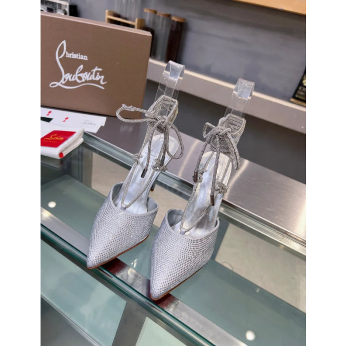 Christian Louboutin Silver Crystal Ankle Tie 100mm High Heel Pumps