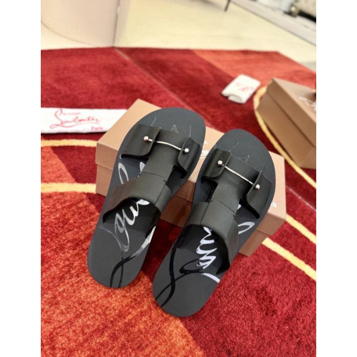 Christian Louboutin Black Leather Two‑Strap Slide Sandals