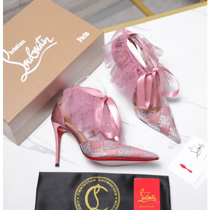 Christian Louboutin Dusty Pink Satin Checkerboard Crystal Tulle Ruffle 100mm Stiletto Heel Pumps