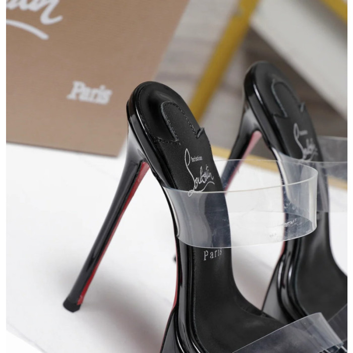 Christian Louboutin Black Patent PVC Strap Platform Stiletto Heel Mules