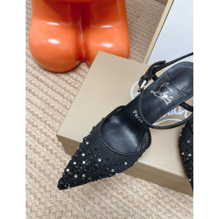 Christian Louboutin Black Mesh 80mm Apostropha Crystal‑Embellished Slingback Stiletto Heel Pumps
