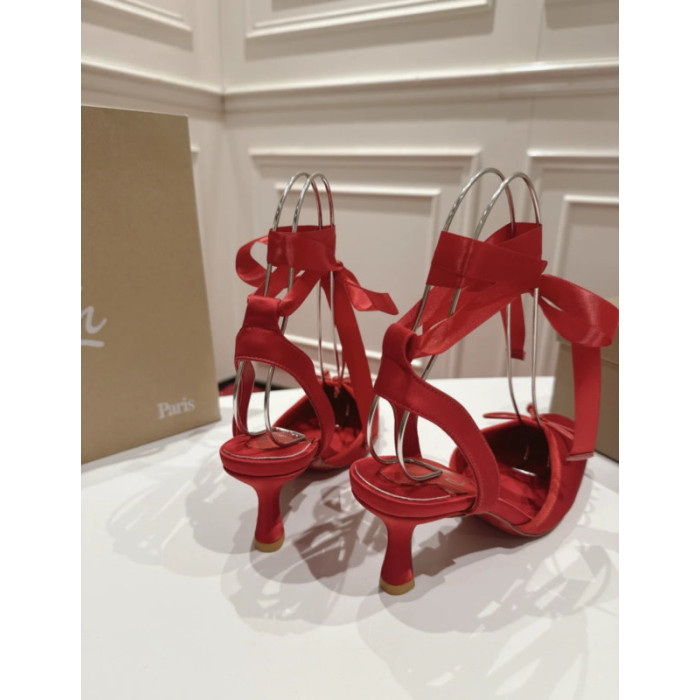 Christian Louboutin Red Satin Ankle‑Tie Bow Kitten Heel Pumps
