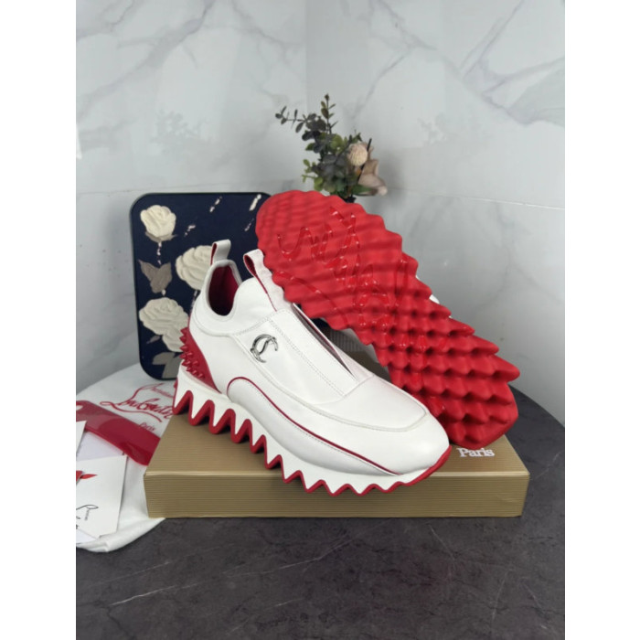 Christian Louboutin White‑Red Leather Slip‑On Spiked Sneakers Red Shark‑Tooth Sole