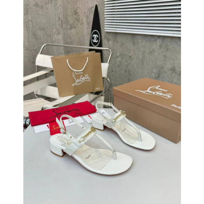 Christian Louboutin White Croc‑embossed Leather Block Heel Thong Sandal