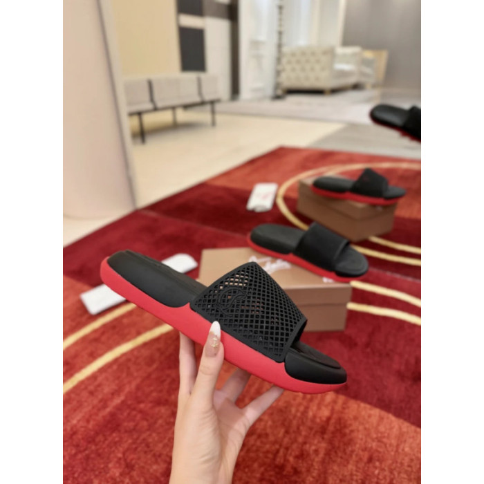 Christian Louboutin Black Mesh Logo Slide Sandals Red Rubber Outsole