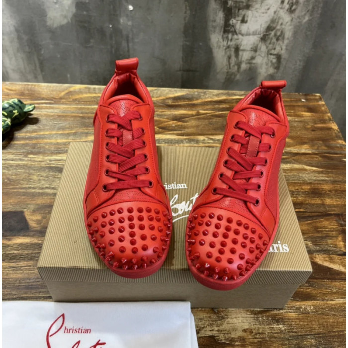 Christian Louboutin Red Perforated Leather Red‑Spiked Low‑Top Sneakers