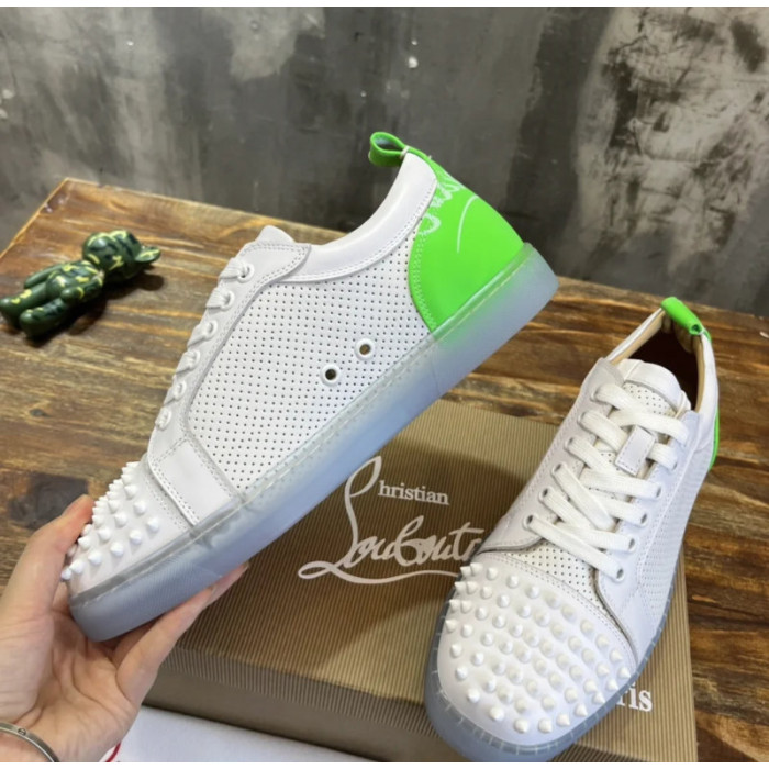 Christian Louboutin White Perforated Leather Green‑Accent White‑Spiked Low‑Top Sneakers