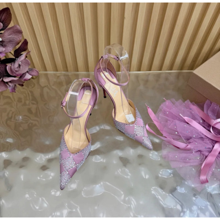 Christian Louboutin Dusty Purple Satin Checkered Crystal‑Embellished 100mm Stiletto Heel Ankle‑Strap Pumps