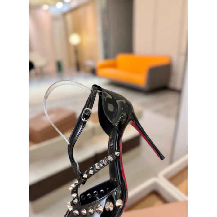 Christian Louboutin Black Patent Studded Crisscross Ankle‑Strap Pointed‑Toe Pumps High Heel