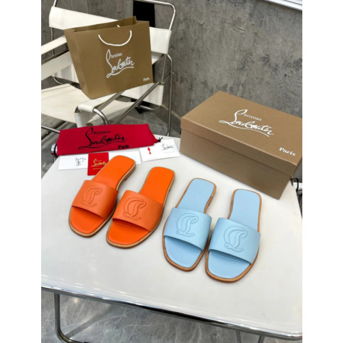 Christian Louboutin Vibrant Orange Leather Stitched Logo Wood‑trim Flat Slide