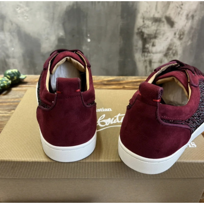Christian Louboutin Burgundy Suede Crystal‑Embellished Low‑Top Sneakers