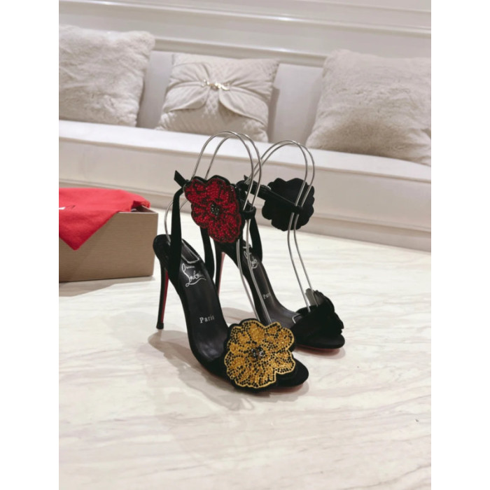 Christian Louboutin Black Satin 120mm Crystal Flower Stiletto Slingback Sandals