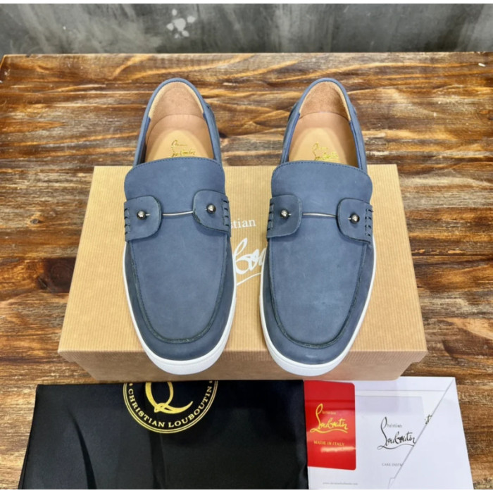 Christian Louboutin Slate Nubuck Leather Slip‑On Loafers