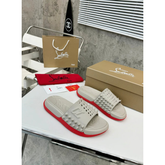 Christian Louboutin Beige Stud‑Embellished CL Logo Slide Sandals