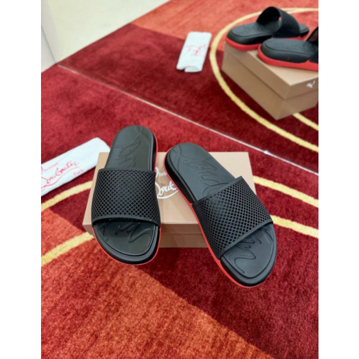 Christian Louboutin Black Mesh Logo Slide Sandals Red Rubber Outsole