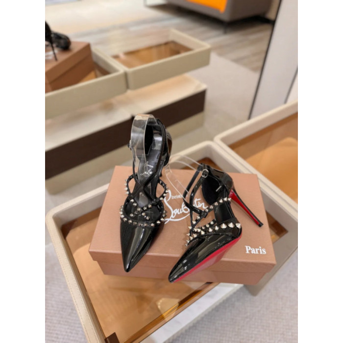 Christian Louboutin Black Patent Studded Crisscross Ankle‑Strap Pointed‑Toe Pumps High Heel