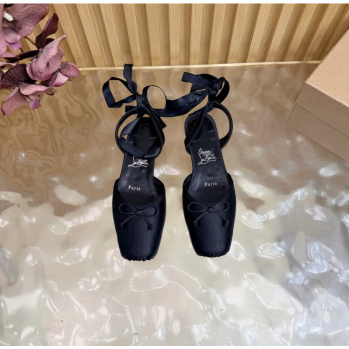 Christian Louboutin Black Satin Bow Ankle‑Tie Slingback Ballet Flats
