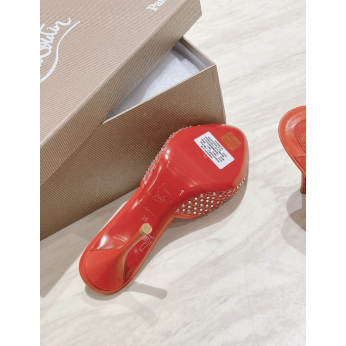 Christian Louboutin Red Mesh Crystal‑Embellished 100mm Peep‑Toe Stiletto Heel Mules