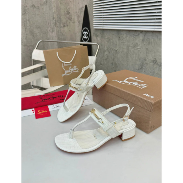 Christian Louboutin White Croc‑embossed Leather Block Heel Thong Sandal