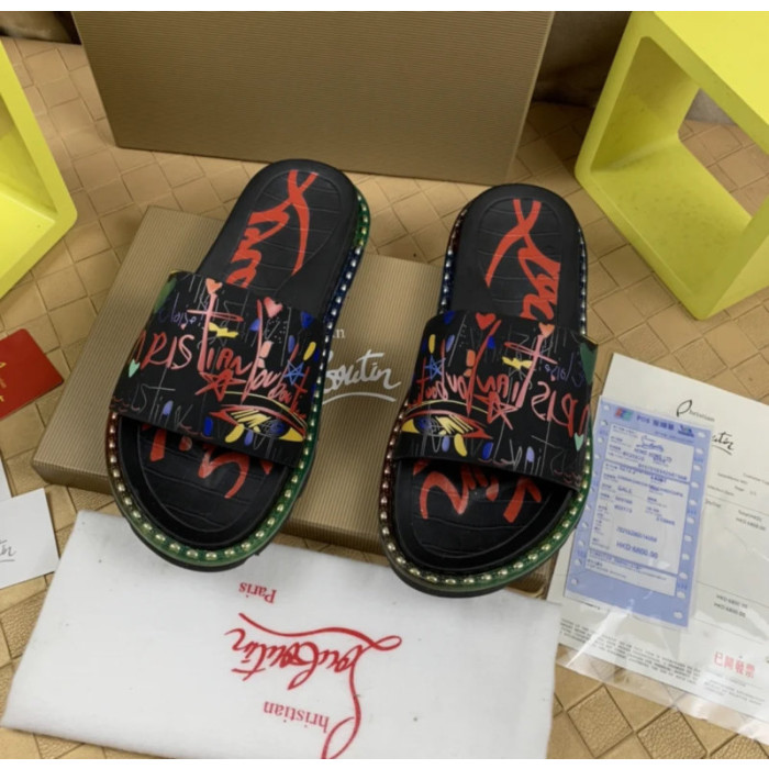 Christian Louboutin Black Graffiti‑Print Slides Rainbow Crystal‑Trimmed Sole