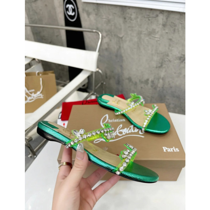 Christian Louboutin Green Metallic Crystal Embellished Flat Slide Sandal