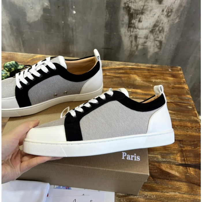 Christian Louboutin Gray Canvas Color‑Block Low‑Top Sneakers