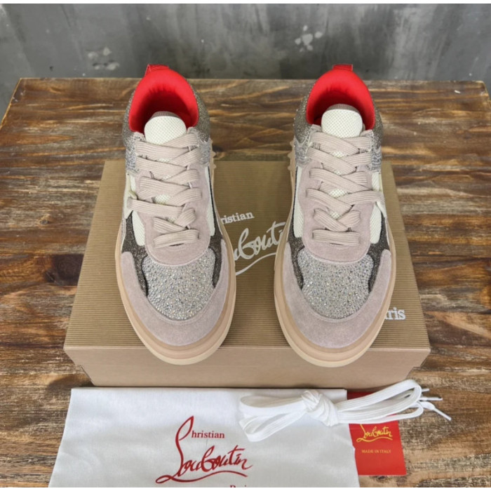 Christian Louboutin Beige Glitter Crystal Spiked Low‑Top Sneakers