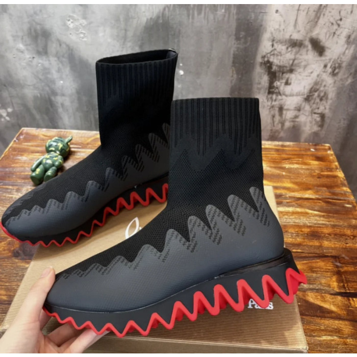 Christian Louboutin Black Knit Sock‑Style Shark‑Tooth Sole High‑Top Sneaker Boots