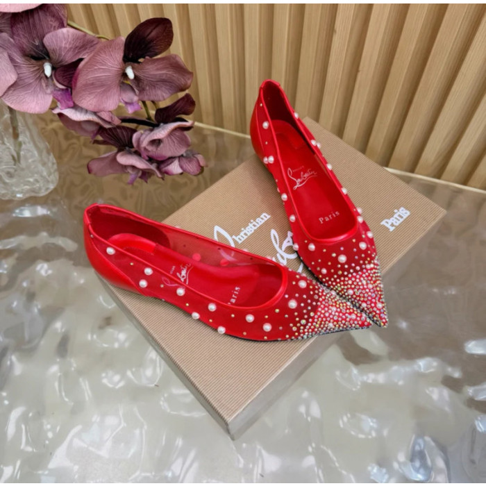 Christian Louboutin Red Mesh Pearl Crystal‑Embellished Pointed‑Toe Flat Pumps