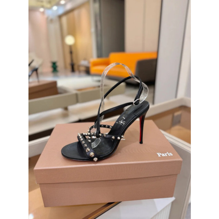 Christian Louboutin Black Leather Studded Crisscross Slingback High Heel Sandals