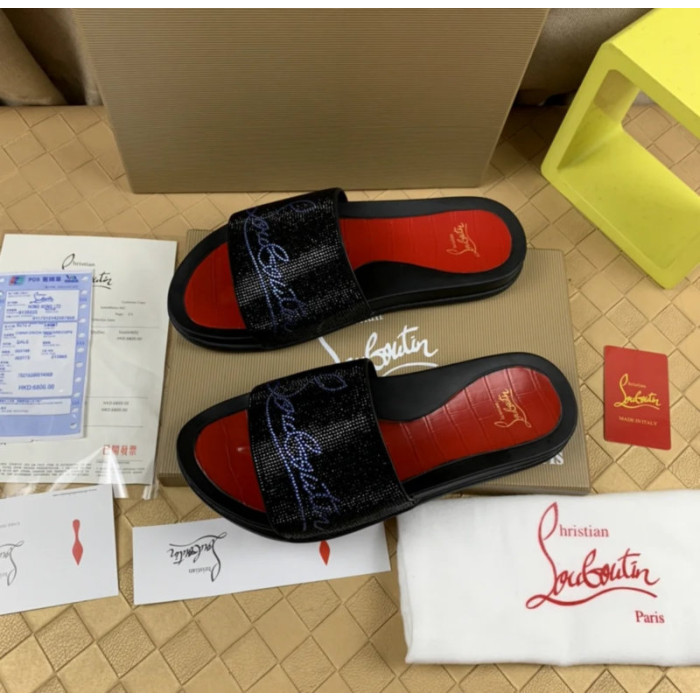 Christian Louboutin Black Slide Sandals With Blue Crystal Logo