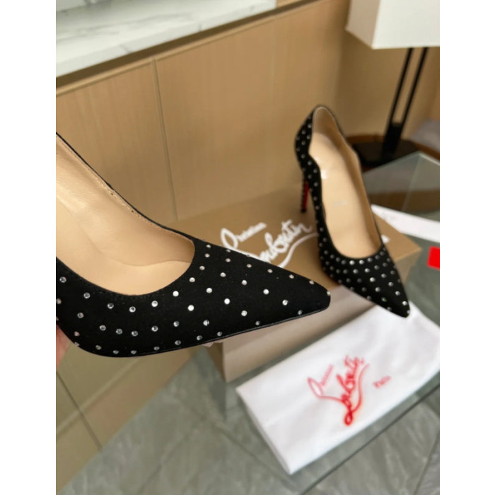 Christian Louboutin Black Suede Scalloped Crystal‑Dot 100mm heel Pump
