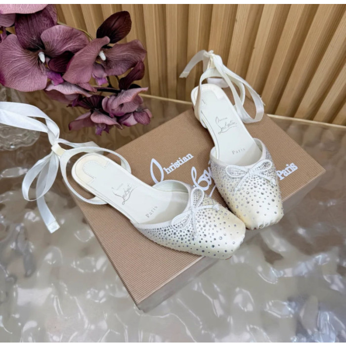 Christian Louboutin White Satin Crystal‑Embellished Ankle‑Tie Slingback Ballet Flats