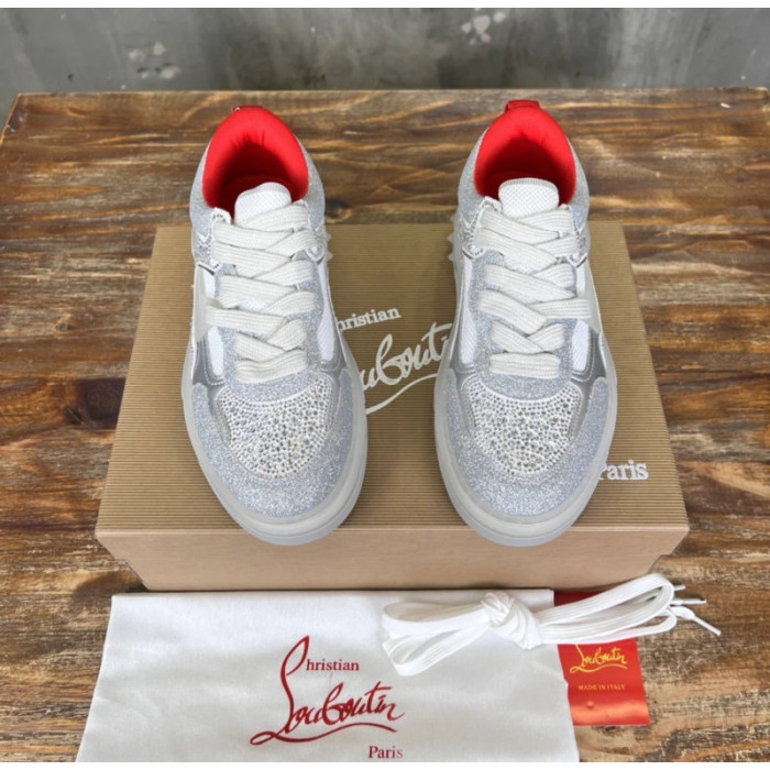 Christian Louboutin Silver Glitter Crystal Spiked Low‑Top Sneakers